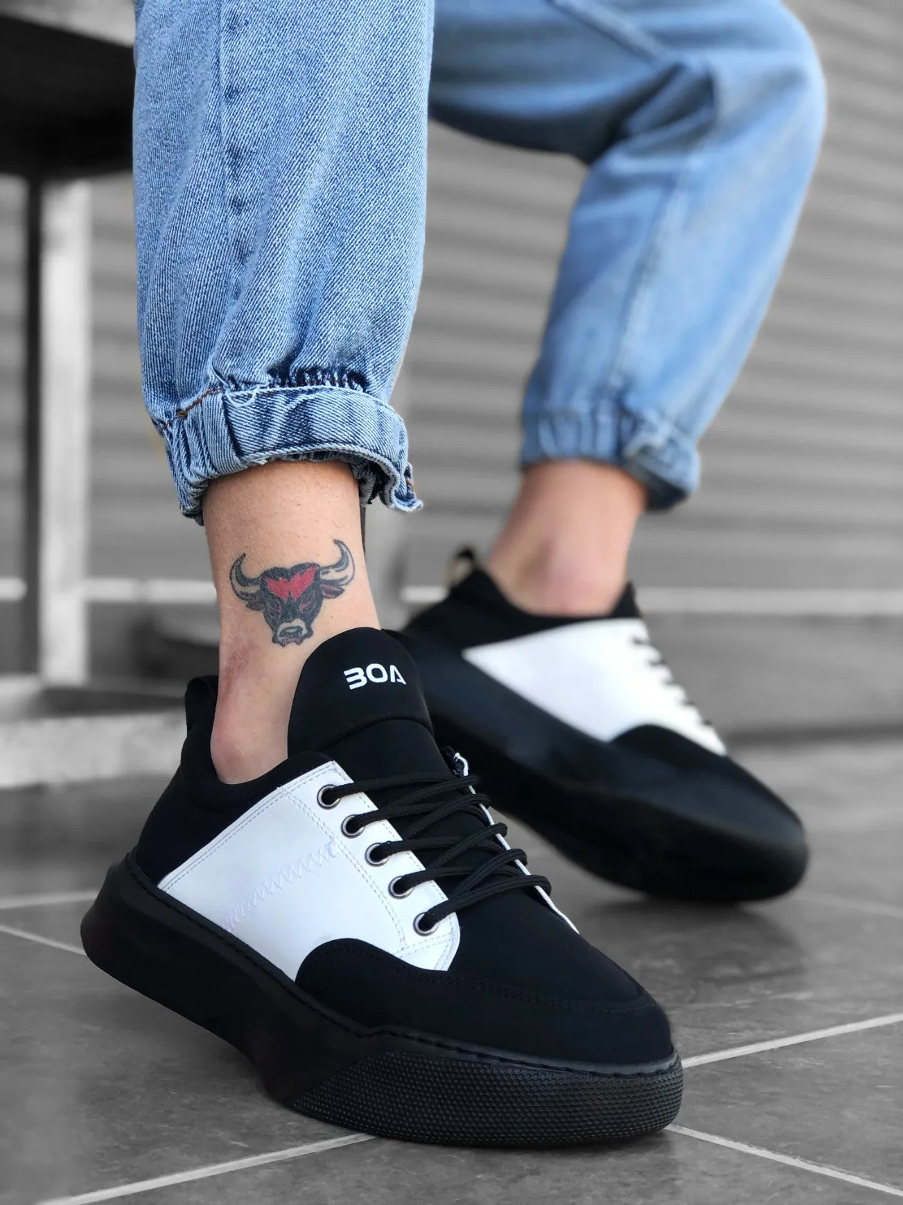 BA0163 Lace-Up High Sole Black White - Men Sneaker Sports Shoes