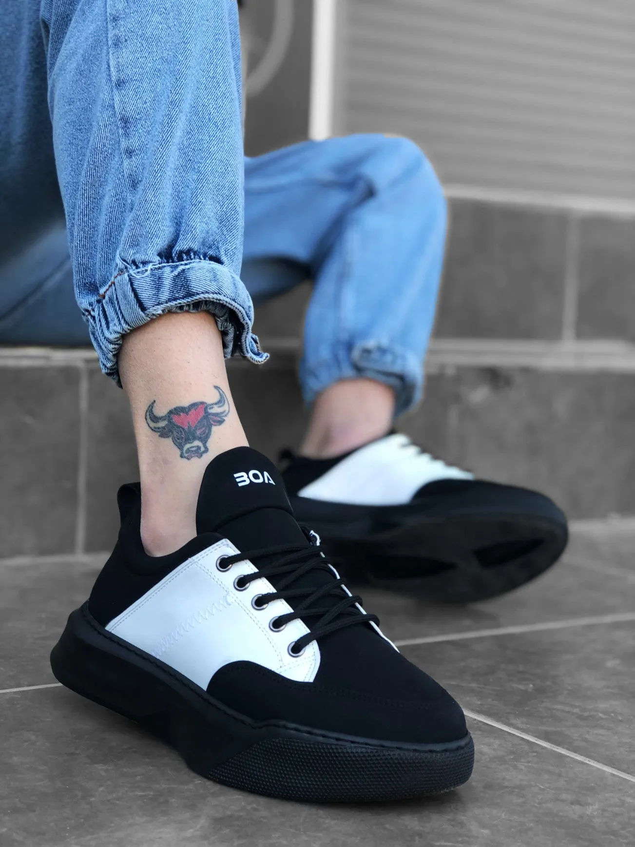 BA0163 Lace-Up High Sole Black White - Men Sneaker Sports Shoes