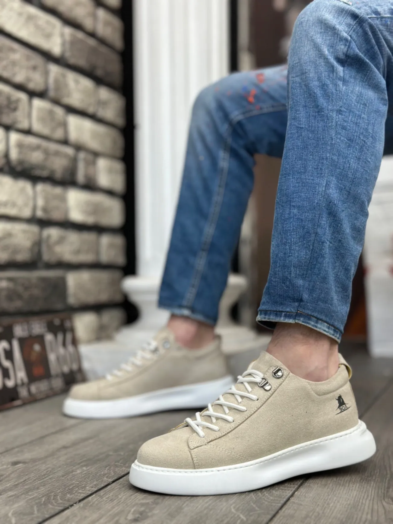 BA0331 Lace-Up Men's High Sole Cream Suede White Sole Sports Shoes