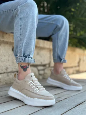 BA0332 Ladder Pattern Lace-Up Men's High Sole Cream Suede Sports Shoes