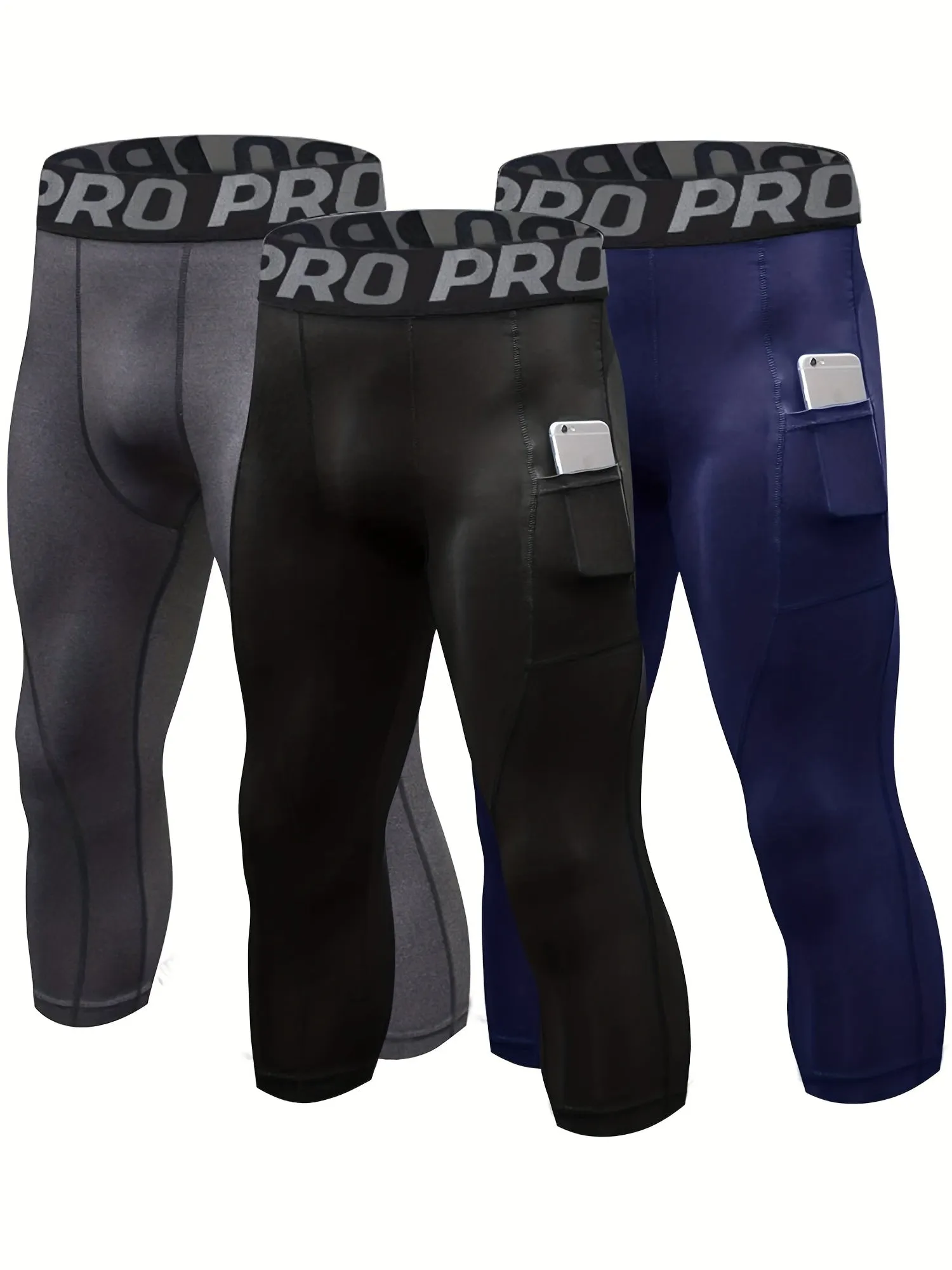 Buy 2 Get 1 Free, total of 3 pcs Men's Quick-Dry Compression Pants - Breathable, Moisture-Wicking, Pocketed Leggings for Sports, Running, Gym, Fitness - Comfortable, Four-Way Stretch, Anti-Chafing, Soft, Lightweight