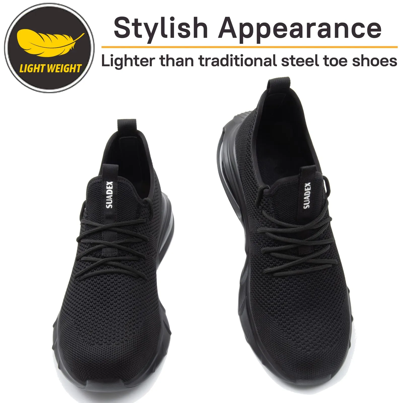 SUADEX Steel Toe Shoes for Men Lightweight Indestructible Work Shoes Women Breathable Safety Shoes for Industrial Coustruction Black 12 Women/10.5 Men