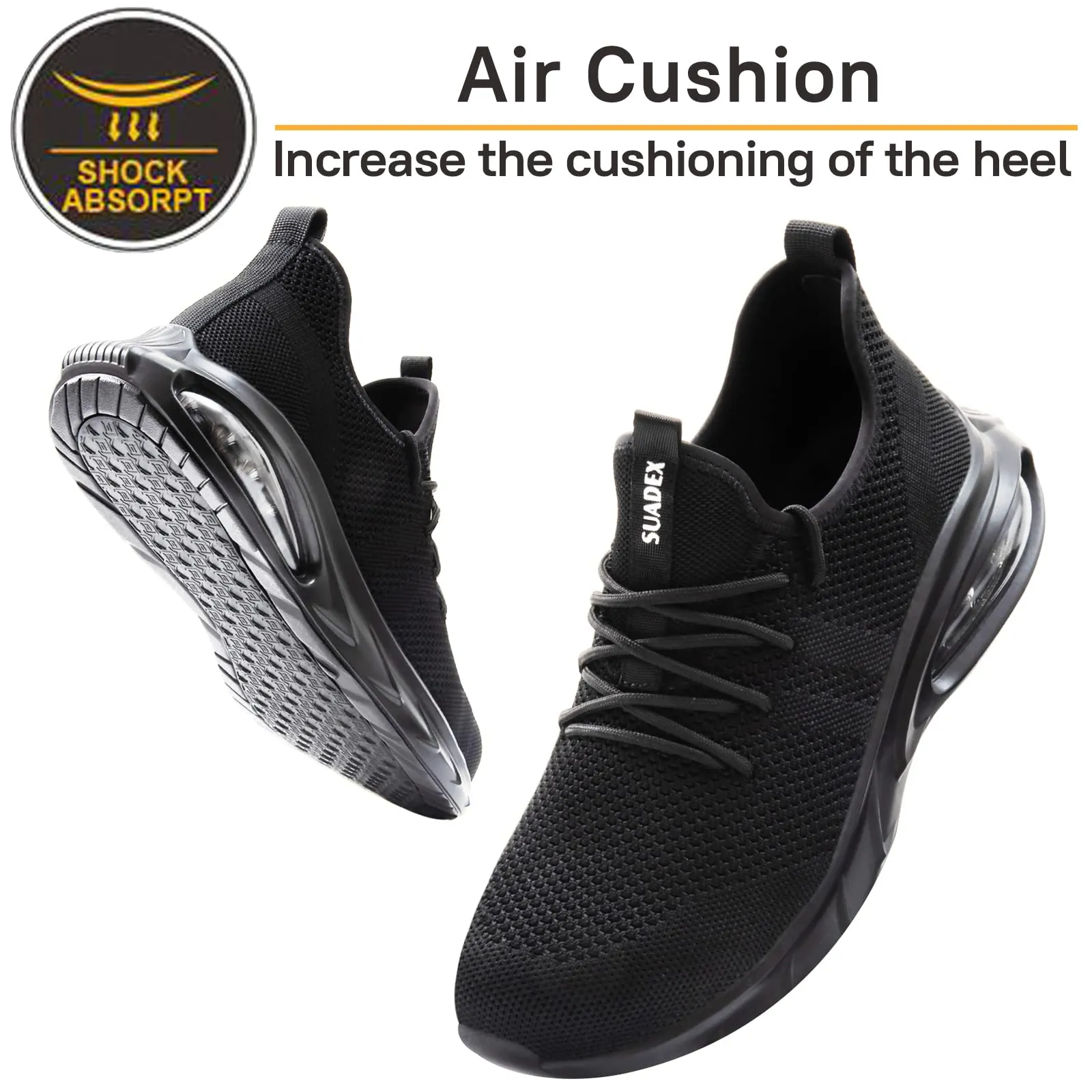 SUADEX Steel Toe Shoes for Men Lightweight Indestructible Work Shoes Women Breathable Safety Shoes for Industrial Coustruction Black 12 Women/10.5 Men