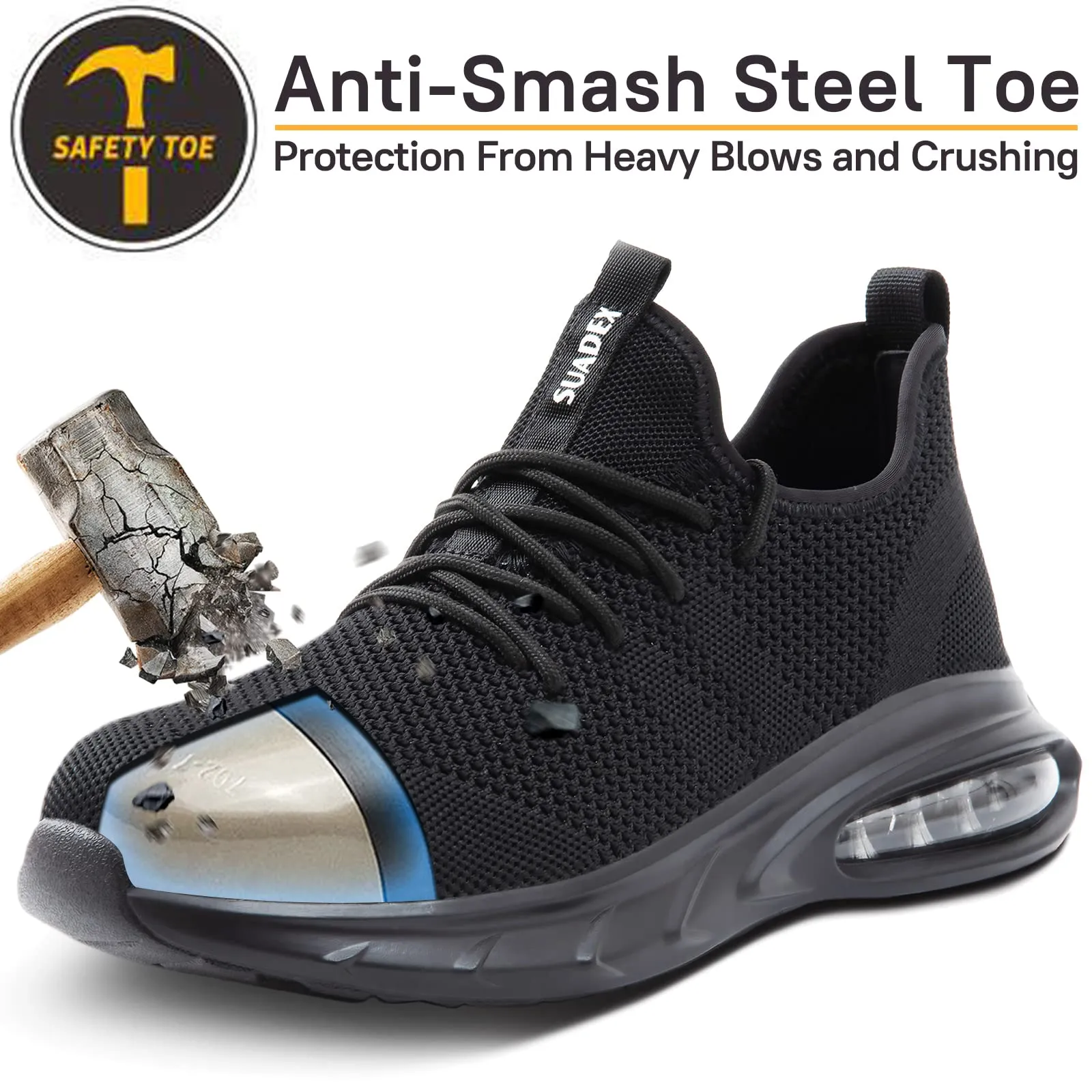 SUADEX Steel Toe Shoes for Men Lightweight Indestructible Work Shoes Women Breathable Safety Shoes for Industrial Coustruction Black 12 Women/10.5 Men