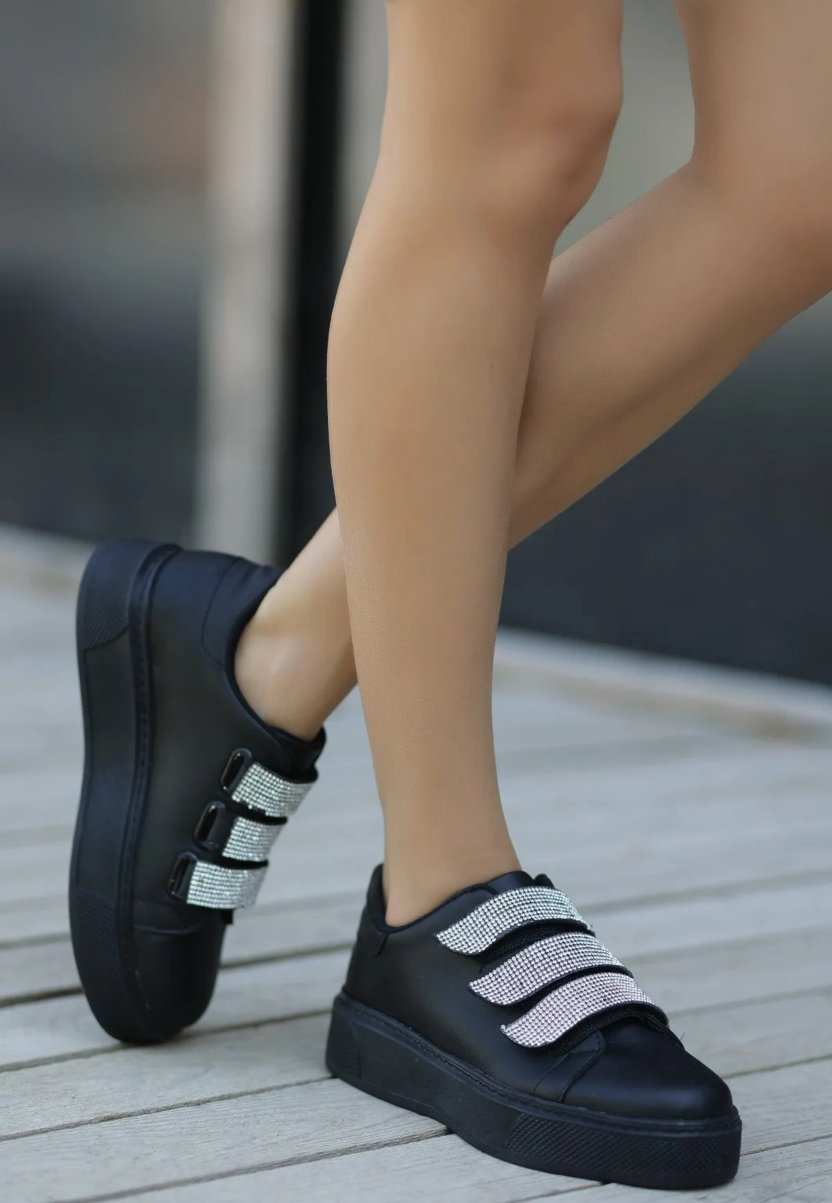 Women's Black Leather Velcro Sports Shoes