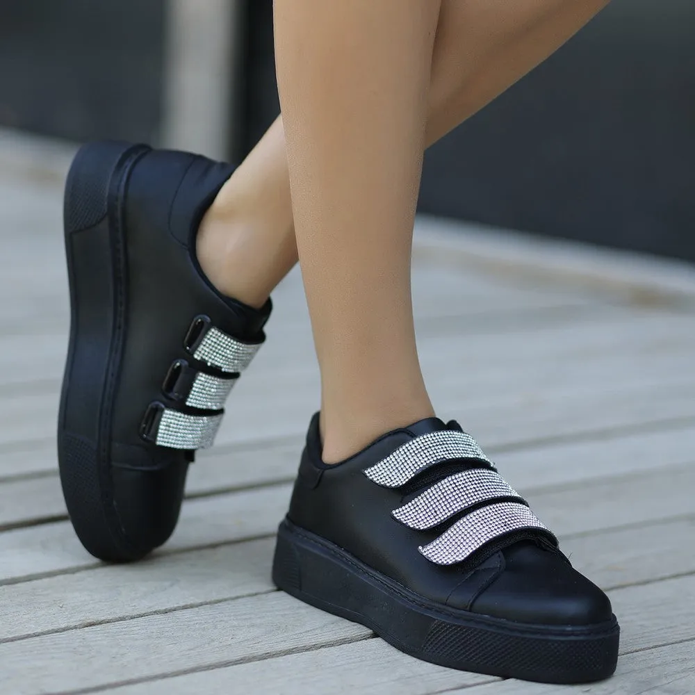 Women's Black Leather Velcro Sports Shoes