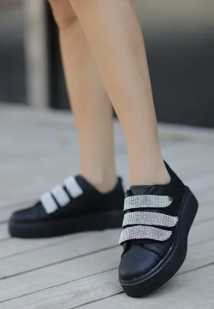 Women's Black Leather Velcro Sports Shoes