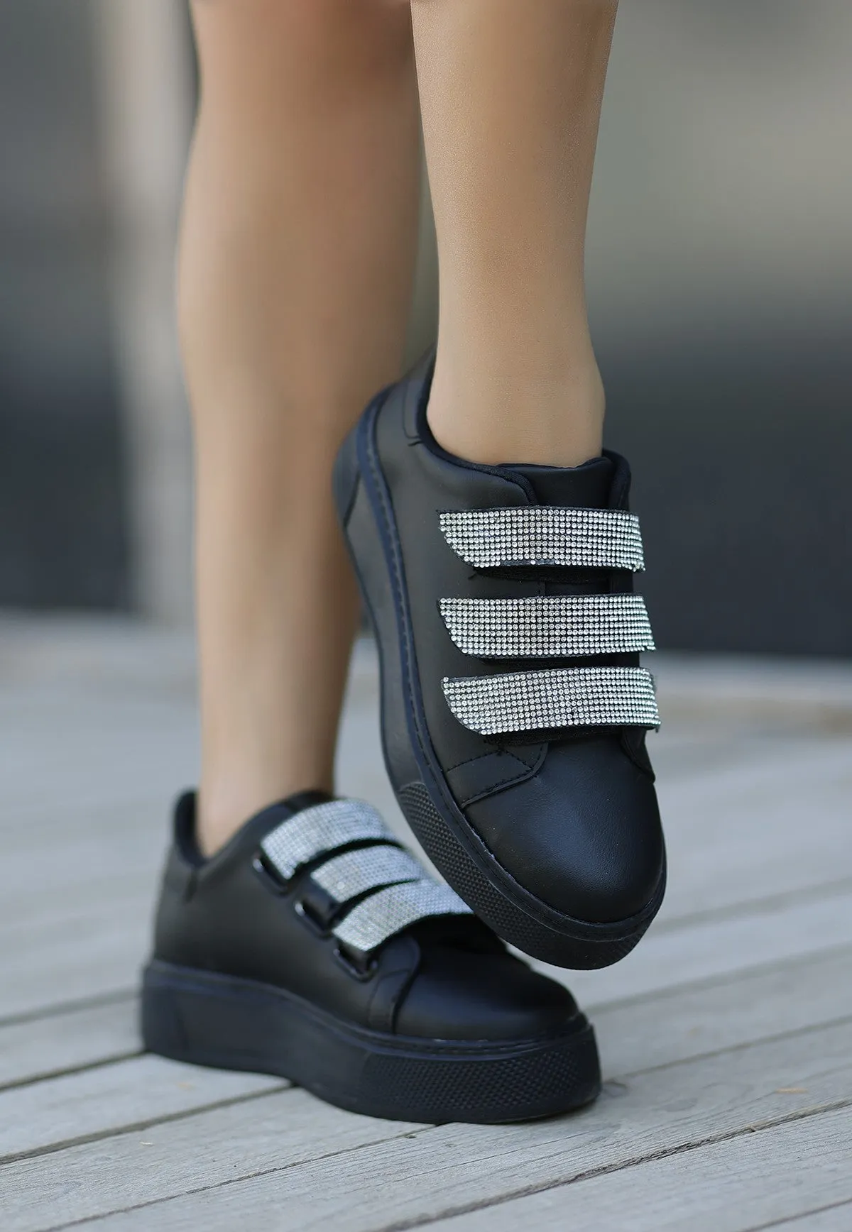 Women's Black Leather Velcro Sports Shoes